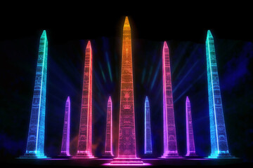 Aufkleber -  An image showcasing abstract interpretations of obelisks, towering monuments in Ancient Egypt, with dynamic lines and glowing colors.  Generative AI technology.