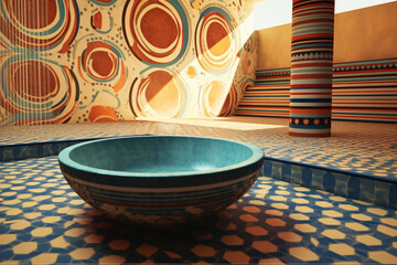 Poster - An abstract depiction of the iconic Great Bath of the Indus Valley Civilization, with geometric patterns and soothing hues. Generative AI technology.