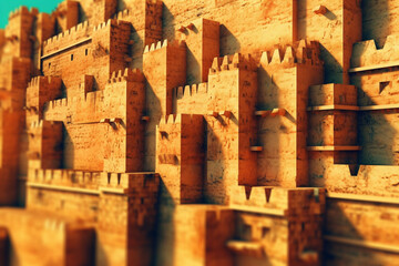 Poster - An abstract portrayal of the fortified city walls of the Indus Valley Civilization, with strong lines and earthy tones. Generative AI technology.