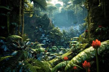 Poster -  An abstract depiction of the Maya jungle, with organic shapes and lush greens.  Generative AI technology.