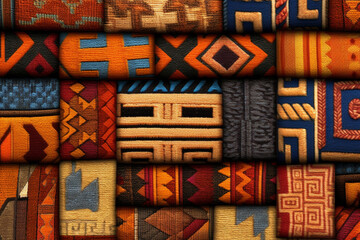 Poster - An image featuring abstract interpretations of Inca textile patterns, with intricate geometric designs and rich earth tones.  Generative AI technology.