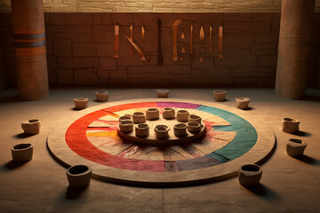 Poster - An abstract portrayal of Harappan rituals and ceremonies, with symbolic shapes and a ceremonial color palette. Generative AI technology.