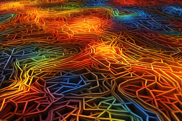Poster - An abstract portrayal of Olmec trade routes, with intersecting lines and vibrant colors. Generative AI technology.