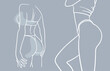 Girl line art on a blue background. Fitness model. Slimming, diet, thin female waist. Minimal fashion design. Vector outline illustration