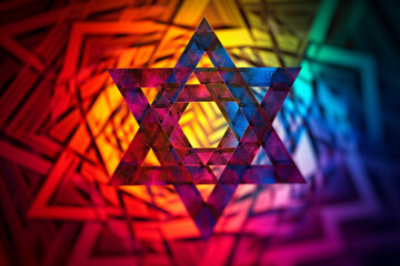 Aufkleber - An abstract depiction of the Star of David, with intersecting geometric shapes and a vibrant color palette. Generative AI technology.