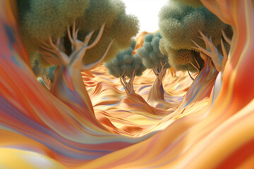 Poster - An abstract portrayal of ancient olive trees, with organic shapes and earthy hues.  Generative AI technology.