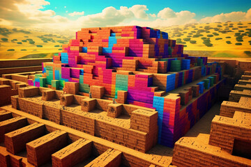 Poster - An image featuring an abstract representation of a Hittite citadel, with geometric patterns and fortified structures.  Generative AI technology.