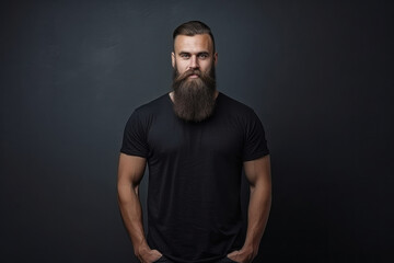 Stylish man with long beard in black t-shirt on dark background, mock-up for design, Generative AI