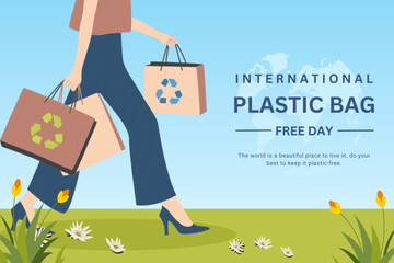 Say No to plastic, choose reusable bags to prevent pollution, motivational quote. 3 of July, World Plastic bag free day concept, vector banner. People shopping with cloth or paper bags. Eco lifestyle