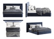 Set of four views of a modern bed with a dark blue velvet headboard and box frame, white sheet and pillows, gray plaid with tassels on dark gray bedspread.Front, side, top, perspective view.3d render 