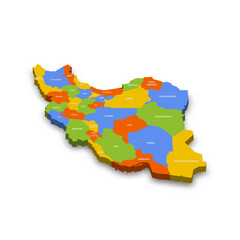  Iran political map of administrative divisions - provinces. Colorful 3D vector map with country province names and dropped shadow.