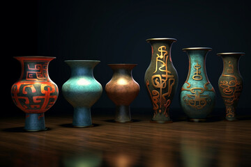 Poster - An image featuring abstract representations of Shang bronze ritual vessels, with bold shapes and metallic tones. Generative AI technology.