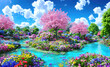 Paradise garden full of flowers, beautiful idyllic background with many flowers in Eden. Generative Ai.