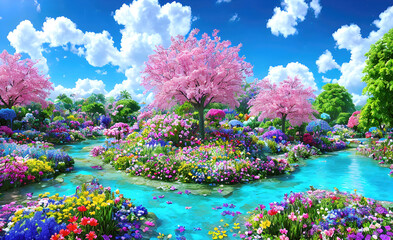 Wall Mural - Paradise garden full of flowers, beautiful idyllic background with many flowers in Eden. Generative Ai.