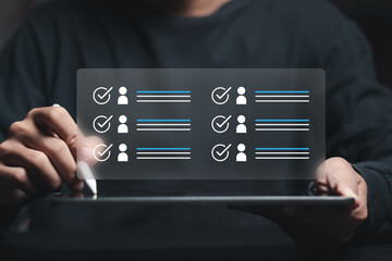 Human resource (HR) concept. Businessman filling out online employee appraisal form. Human resource management (HR), recruiting, leadership and team building.