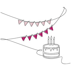 Wall Mural - Vector birthday cake candles and festive garland flags line continuous drawing. Vector graphic illustration. Hand drawn linear icon. Minimal design greeting card, print, banner, poster, invitation.