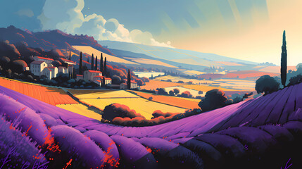 Illustration of beautiful blooming lavender fields in Provence, France