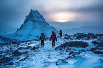 Wall Mural - Hikers and tourists walk up the mountain in the cold atmosphere. Ice mountains and oceans beautiful winter nature landscape. Generative AI