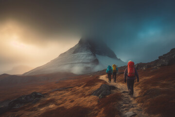 Wall Mural - Hikers and nature explorers Walking in the mountains with a cold atmosphere Beautiful winter nature landscape with morning sun rays. Generative AI