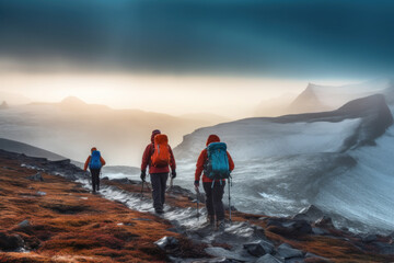 Wall Mural - Hikers and tourists walk up the mountain in the cold atmosphere. Ice mountains and oceans beautiful winter nature landscape. Generative AI