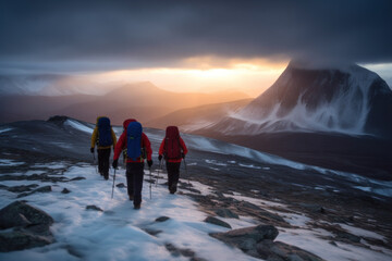 Wall Mural - Hikers and nature explorers Walking in the mountains with a cold atmosphere Beautiful winter nature landscape with morning sun rays. Generative AI