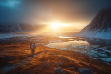 Wall Mural - Hikers and nature explorers Walking in the mountains with a cold atmosphere Beautiful winter nature landscape with morning sun rays. Generative AI