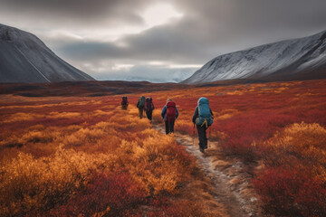 Wall Mural - Hikers and nature explorers Walking in the mountains with a cold atmosphere Beautiful winter nature landscape with morning sun rays. Generative AI