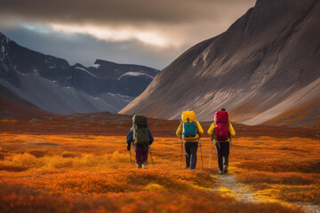 Wall Mural - Hikers and nature explorers Walking in the mountains with a cold atmosphere Beautiful winter nature landscape with morning sun rays. Generative AI