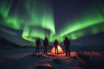 Wall Mural - Backpackers See the Northern Lights Lofoten Islands Norway Northern Lights Mountains and Frozen Ocean Winter landscape at night. Travel to Norway. Generative AI.