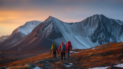 Wall Mural - Hikers and nature explorers Walking in the mountains with a cold atmosphere Beautiful winter nature landscape with morning sun rays. Generative AI