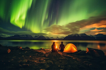 Wall Mural - northern lights beautiful green Mountains and frozen ocean, winter landscape at night. Travel to Norway. Generative AI