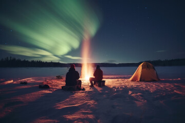 Wall Mural - Two male tourists watching the northern lights Camping in frozen ocean, winter landscape at night, travel Norway. Generative AI.