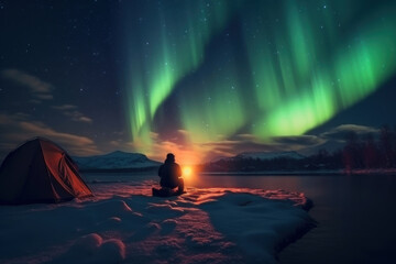 Wall Mural - A man camps in the northern forests with a tent to view the beautiful green northern lights, mountains and a frozen ocean. winter at night. Generative AI.