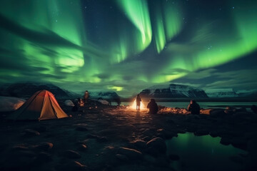 Wall Mural - camping with tent to see the gorgeous green northern lights Ice mountains and oceans winter at night.Generative AI.