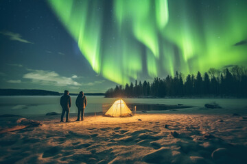 Wall Mural - Two male tourists watching the northern lights Camping in frozen ocean, winter landscape at night, travel Norway. Generative AI.