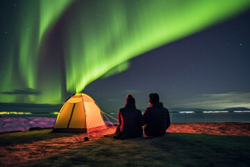Wall Mural - Two male tourists watching the northern lights Camping in frozen ocean, winter landscape at night, travel Norway. Generative AI.