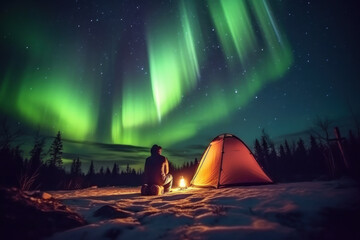 Wall Mural - A man camps in the northern forests with a tent to view the beautiful green northern lights, mountains and a frozen ocean. winter at night. Generative AI.
