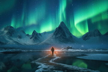 Wall Mural - northern lights with backpackers cold atmosphere to see the northern lights ice ocean Beautiful winter nature landscape. Norway. Generative AI