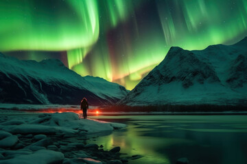 Wall Mural - northern lights with backpackers cold atmosphere to see the northern lights ice ocean Beautiful winter nature landscape. Norway. Generative AI