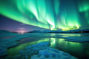 Wall Mural - northern lights beautiful green Mountains and frozen ocean, winter landscape at night. Travel to Norway. Generative AI