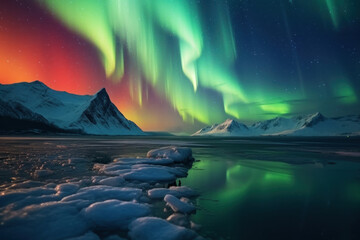 Wall Mural - northern lights beautiful green Mountains and frozen ocean, winter landscape at night. Travel to Norway. Generative AI
