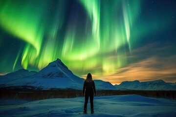 Wall Mural - northern lights with backpackers cold atmosphere to see the northern lights ice ocean Beautiful winter nature landscape. Norway. Generative AI