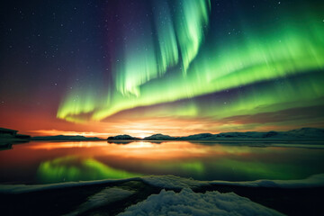 Wall Mural - northern lights beautiful green Mountains and frozen ocean, winter landscape at night. Travel to Norway. Generative AI