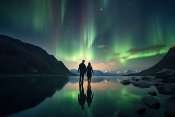 Wall Mural - northern lights with backpackers cold atmosphere to see the northern lights ice ocean Beautiful winter nature landscape. Norway. Generative AI