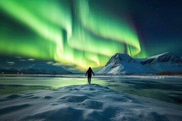 Wall Mural - northern lights with backpackers cold atmosphere to see the northern lights ice ocean Beautiful winter nature landscape. Norway. Generative AI