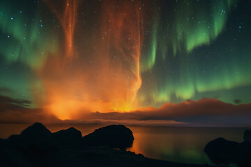 Wall Mural - northern lights beautiful green Mountains and frozen ocean, winter landscape at night. Travel to Norway. Generative AI