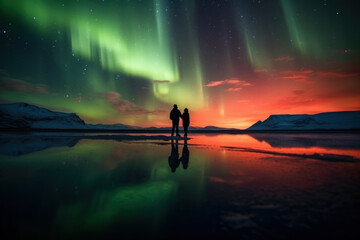 Wall Mural - northern lights with backpackers cold atmosphere to see the northern lights ice ocean Beautiful winter nature landscape. Norway. Generative AI