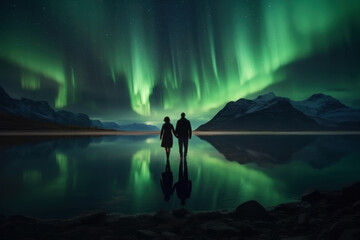 northern lights beautiful green mountains and frozen ocean, winter landscape at night. travel to nor