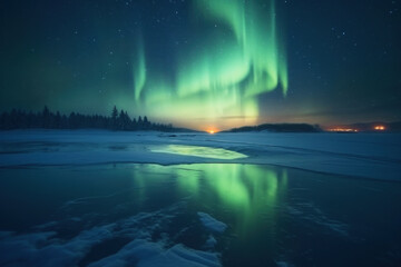 Wall Mural - northern lights beautiful green Mountains and frozen ocean, winter landscape at night. Travel to Norway. Generative AI