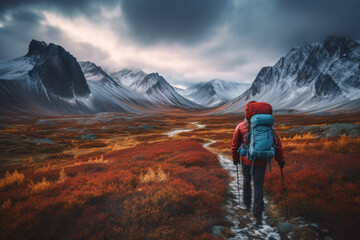 Wall Mural - Hikers and tourists walk up the mountain in the cold atmosphere. Ice mountains and oceans beautiful winter nature landscape. Generative AI